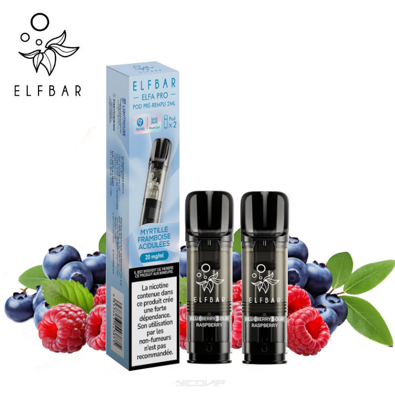 2 Recharges Puff Myrtille Framboise Acidulées Elfa pro Elfbar - Sans nicotine