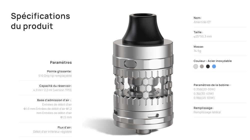 Clearomiseur Atlantis GT Tank 25mm Aspire caractéristiques