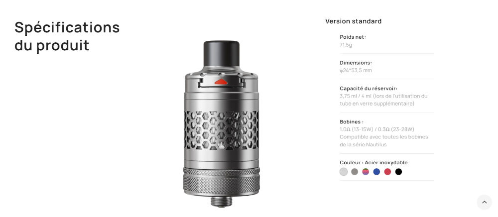 Clearomiseur Nautilus 3S 24mm Aspire caractéristiques