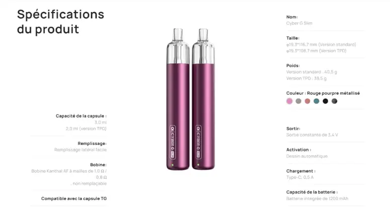 Fiche technique pod Cyber G Slim DTE Aspire