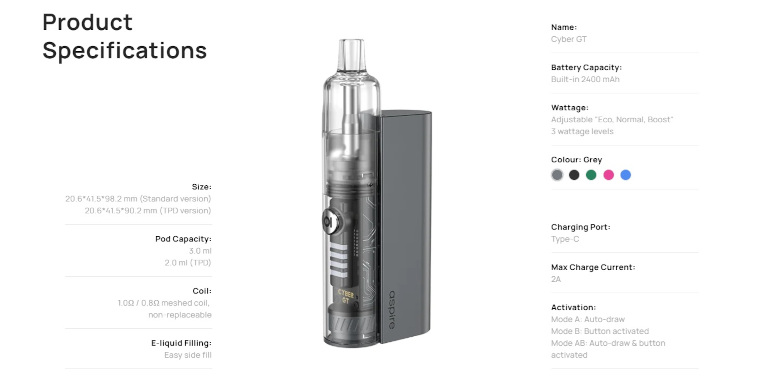 Kit Pod Cyber GT 2400 Aspire fiche technique