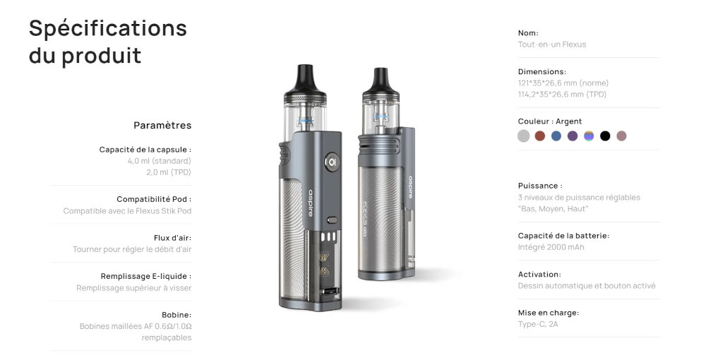 Kit Pod Flexus AIO 2000mAh Aspire caractéristiques