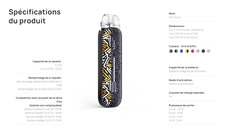 Kit Pod Pixo Aura Aspire fiche technique