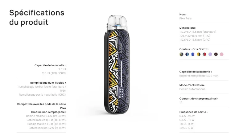 Kit Pod Pixo Aura Aspire fiche technique