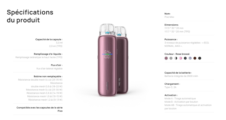 fiche technique Pixo Max Aspire