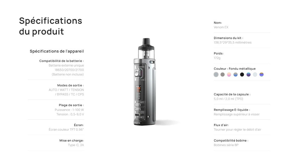 Kit Pod Veynom EX 100W Aspire présentation