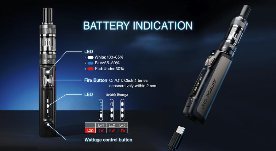 Kit Q16FF MTL 2ml 900mAh Justfog indicateur batterie