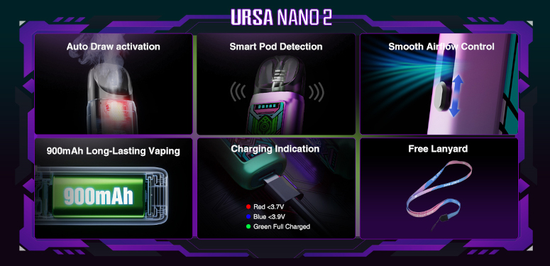 Kit Pod Ursa Nano 2 900mAh Lost Vape caractéristiques