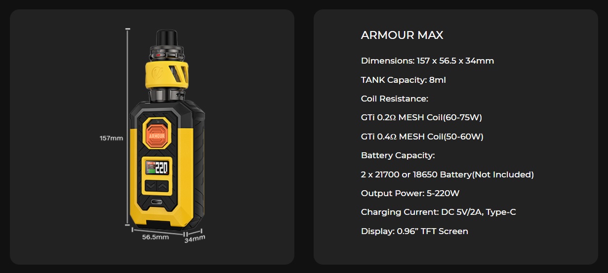 Armour Max Vaporesso caractéristiques