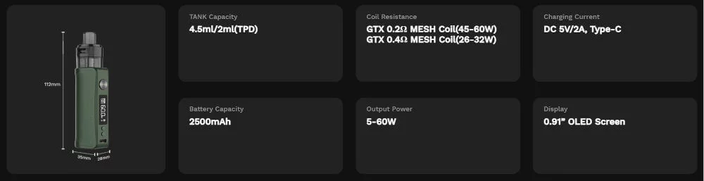 Kit GEN PT60 2500mAh Vaporesso caractéristiques