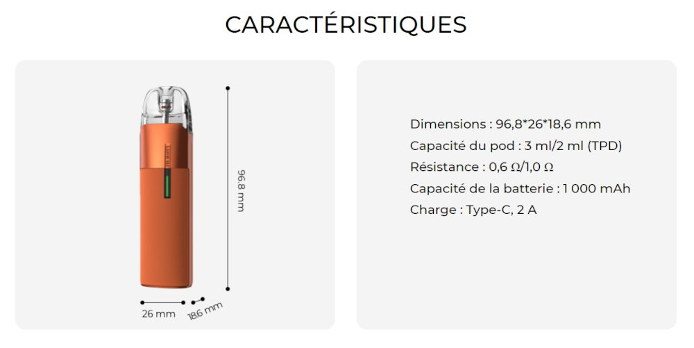 Luxe Q2 Vaporesso caractéristiques