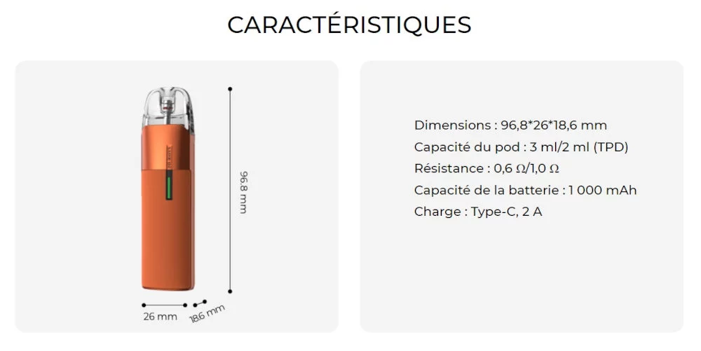 Luxe Q2 Vaporesso caractéristiques
