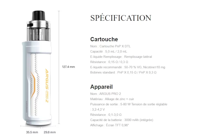 Kit Argus Pro 2 3000mAh Voopoo caractéristiques