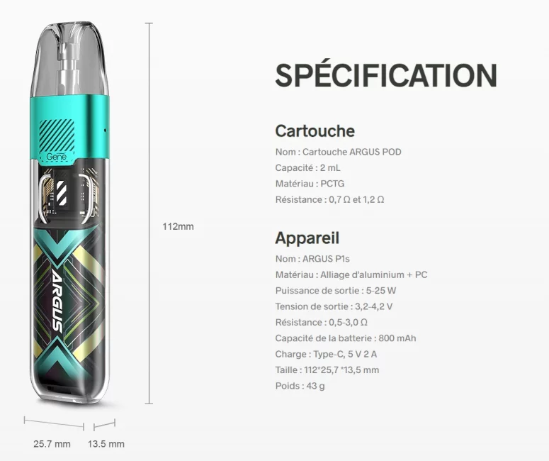 Kit Pod Argus P1S 800mAh Voopoo caractéristiques
