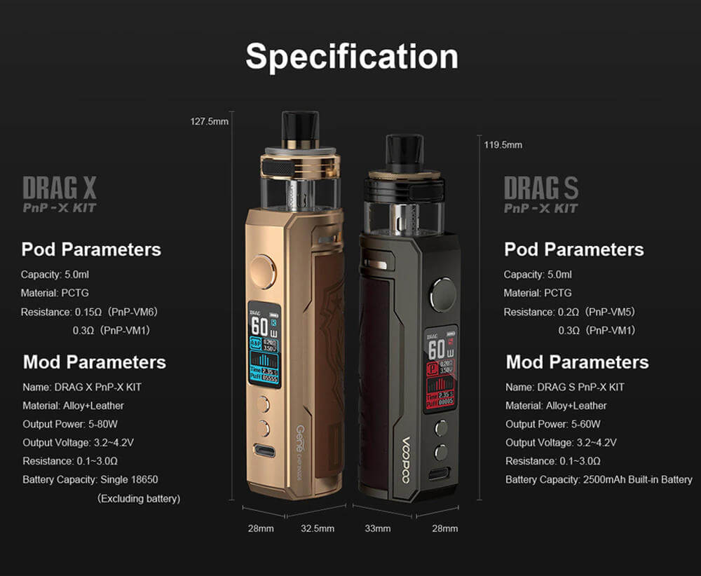 Kit Drag S PnP X 80W Voopoo dimensions