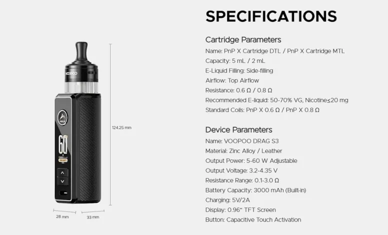 Kit Drag S3 de voopoo, caractéristiques