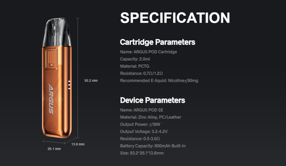 Kit Argus Pod SE 800mAh Voopoo caractéristiques