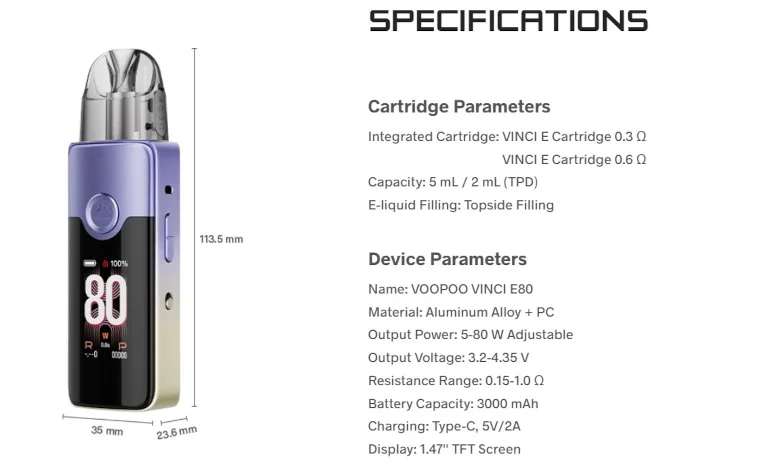 Kit Pod Vinci E80 3000mAh Voopoo caractéristiques