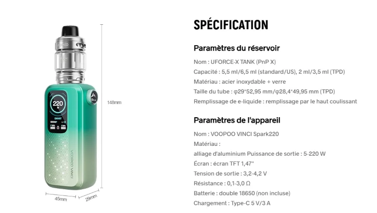 Kit Vinci Spark 220 Voopoo fiche technique