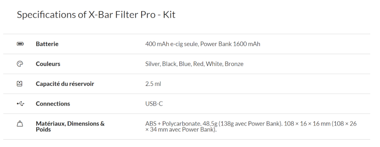 Kit Pod Filter Pro avec Power Bank X-Bar caractéristiques